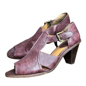 Trask Ginger Leather peep toe block heel sandals merlot red wine 9 buckle